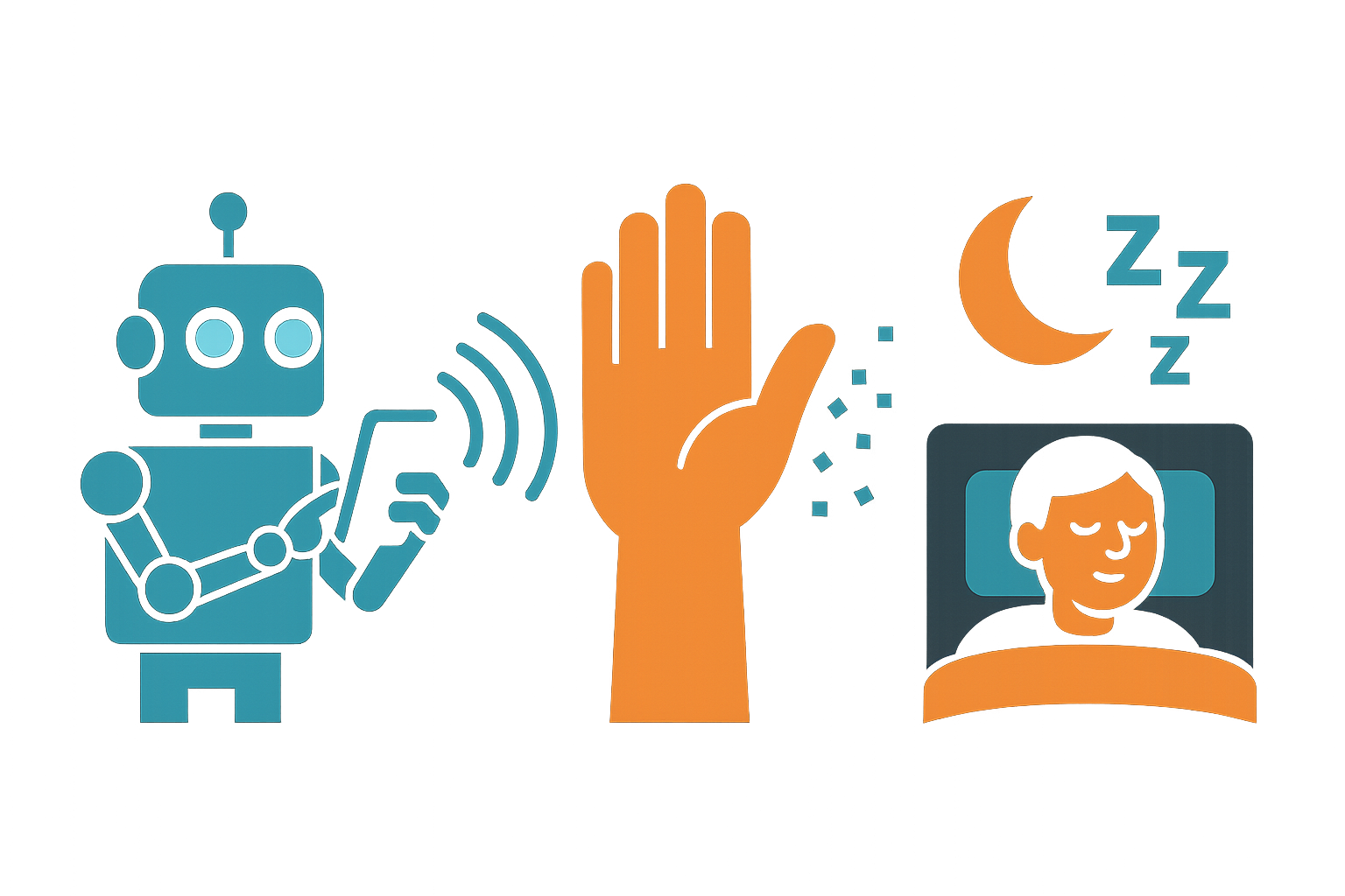 AI agent sending a signal, blocked by a hand before reaching a sleeping human